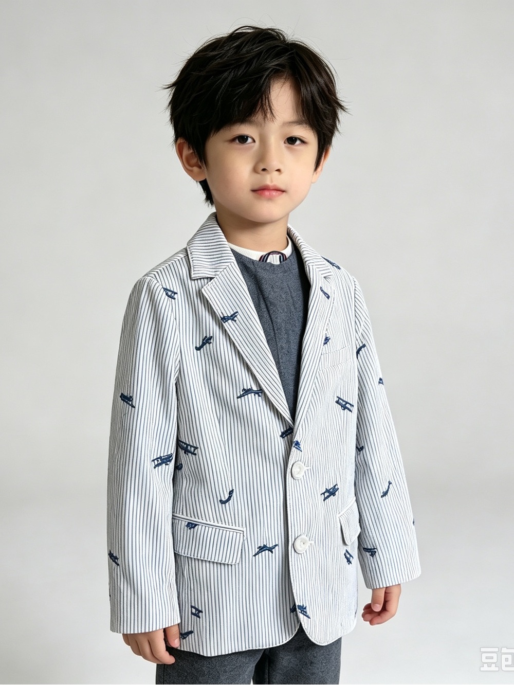 Boden Boys Suit Jacket Blazer Seersucker Blue/White Striped Airplane 5-6Y 116cm